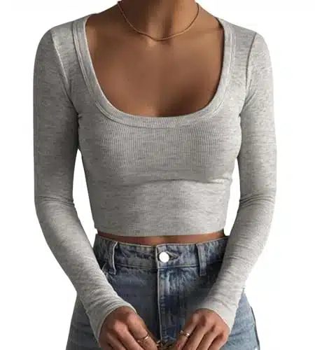 Artfish Women's Square Neck Long Sleeve Ribbed Slim Fitted Casual Basic Crop Top (Heather Grey, S)