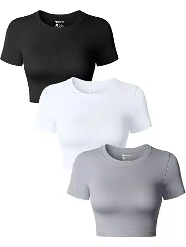 OQQ Women's Piece Crop Tops Crew Neck Shorts Sleeve Stretch Fitted Shirts Crop Tops Black Grey White