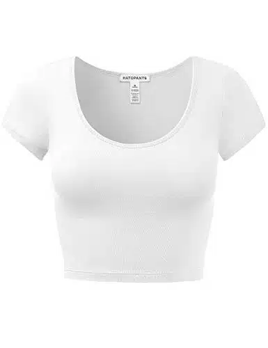 Women's Cotton Basic Scoop Neck Crop Short Sleeve Tops White S