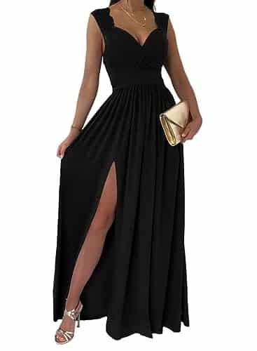 Dokotoo Womens Ladies Elegant Floor Length A Line Wrap Deep V Neck Backless Ruched Pleated Ruffled Split Long Maxi Formal Evening Party Prom Dress Bridesmaid Wedding Guest Dresses for Women Black M
