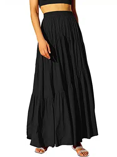 ANRABESS Women's Boho Elastic High Waist Pleated A Line Flowy Swing Asymmetric Tiered Maxi Long Skirt Dress with Pockets heise L Black