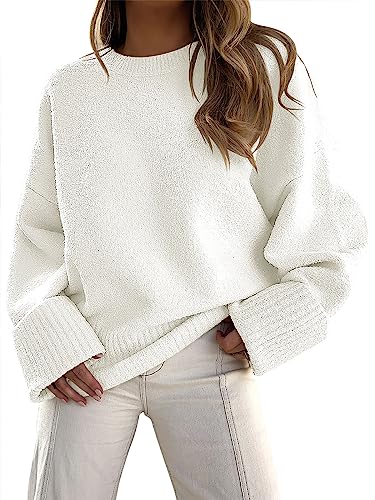 ANRABESS Women's Crewneck Long Sleeve Oversized Fuzzy Knit Chunky Warm Pullover Sweater Top mibai S White