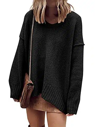 ANRABESS Women's Oversized Sweater Casual Off The Shoulder V Neck Dolman Sleeve Loose Fit Knit Tunic Pullover High Low Hem Comfy Jumper Shirts Trendy Tops CHhei S Black
