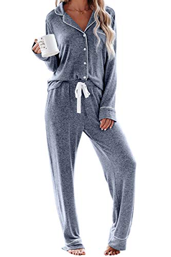 Aamikast Women's Two piece Classic knit Pajama Sets Long Sleeve Button Down Sleepwear (XXL, Lake Blue)