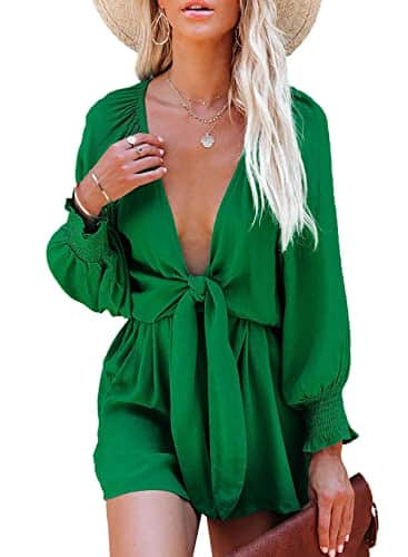 AlvaQ Green Romper Jumpsuits for Women Summer Tie Knot Front Deep V Neck Rompers Resort Wear for Women Spring Dresses for Women ,Green,Large