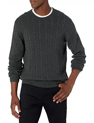 Amazon Essentials Men's Crewneck Cable Cotton Sweater, Charcoal Heather, Large