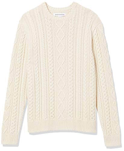 Amazon Essentials Men's Long Sleeve % Cotton Fisherman Cable Crewneck Sweater, Off White, Large