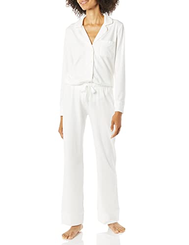 Amazon Essentials Women's Cotton Modal Long Sleeve Shirt and Full Length Bottom Pajama Set (Available in Plus Size), White, Large