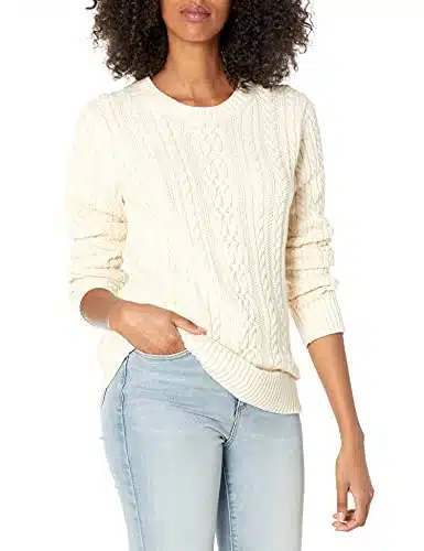 Amazon Essentials Women's Fisherman Cable Long Sleeve Crewneck Sweater (Available in Plus Size), Cream, Medium