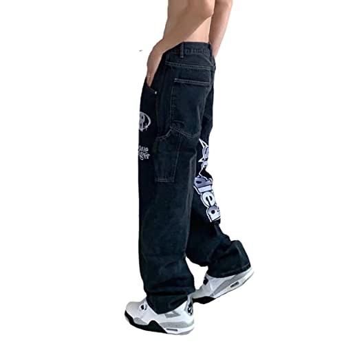 American Vintage Denim Pants ins Trendy European and American Hiphop Fried Street Jeans Men's Wide Leg Pants (Black,M)