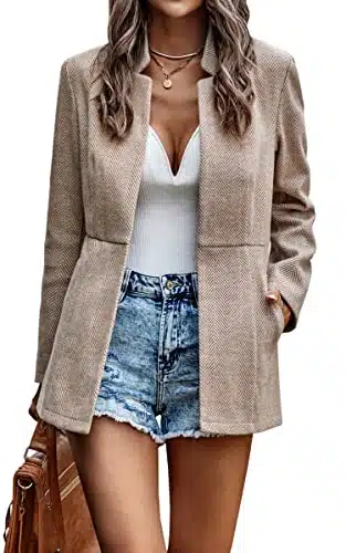 CCTOO Women's Coat Casual Open Front Blazer Long Sleeve Stand Collar Solid Trench Business Work Office Jacket Outwear Khaki Medium