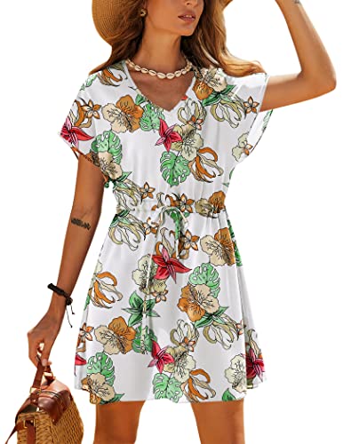 Ekouaer Womens Apparel, Beach Coverups, Plus Size Swimsuit Cover Up Short Sleeve Resort Wear, White Floral, X Large