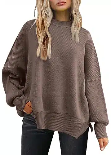 LILLUSORY Women's Crewneck Batwing Long Sleeve Sweater Fall Oversized Ribbed Knit Side Slit Pullover Top