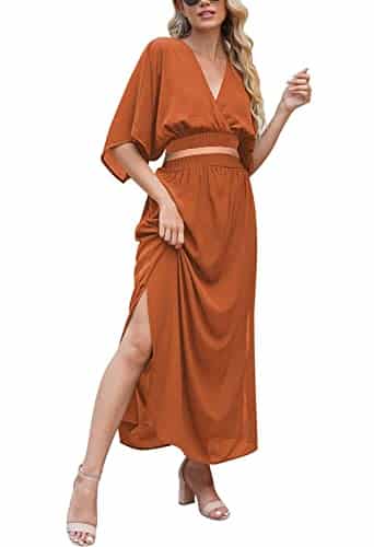 Meenew Women's Piece Skirt Set Plunge Crop Tops Split Long Hawaiian Dress Flared Resort Wear XL