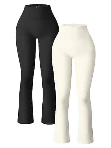 OQQ Women's Piece Yoga Pants Ribbed Seamless Workout High Waist Bell Bottoms Flare Leggings Black Beige