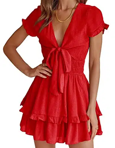 PRETTYGARDEN Women's Summer Swing Mini Dress Tie Front V Neck Short Sleeve Ruffle Layer A Line Short Dress(Red,Small)