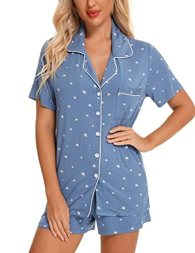 Pajamas Women's Short Sleeve Button Sleepwear Shorts Shirt PJ Set Lake Blue Stars XL