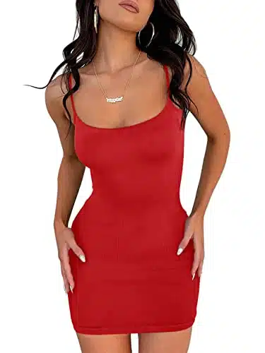 REORIA Women's Sexy Lounge Slip Short Dress Casual Sleeveless Backless Ribbed Bodycon Mini Dresses Red Medium