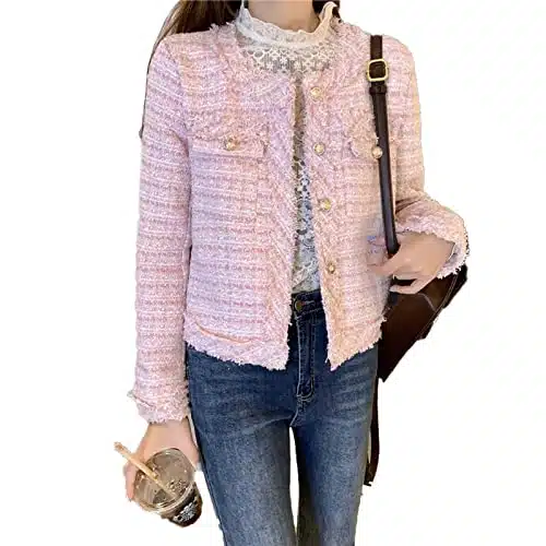 SaytoRose Women's Plaid White Tweed Blazer Open Front Collarless Blazer Elegant Work Cropped Jacket Coat(Pink,L)