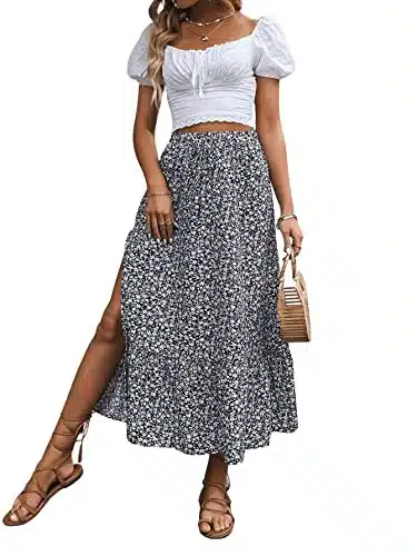 SweatyRocks Women's Casual High Waist Floral Print Skirt Split Thigh A Line Maxi Skirts Black M