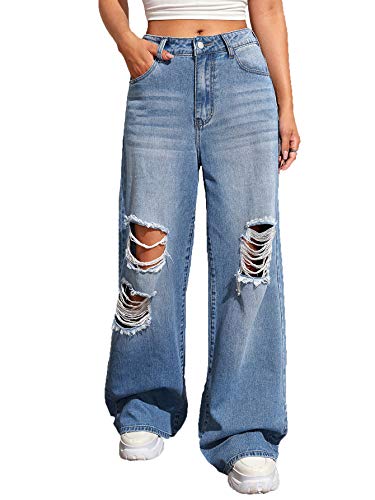 SweatyRocks Women's Casual Loose Ripped Denim Pants Distressed Wide Leg Jeans Blue Medium