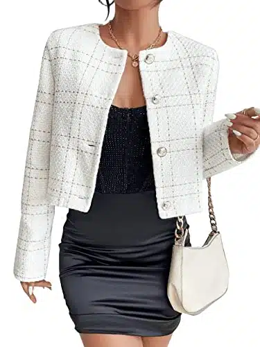 SweatyRocks Women's Plaid Long Sleeve Round Neck Button Down Crop Jacket Single Breasted Short Coat Top White M