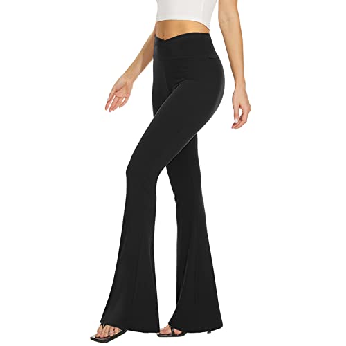 TNNZEET Womenâs Black Flare Yoga Pants, Crossover High Waisted Casual Bootcut Leggings