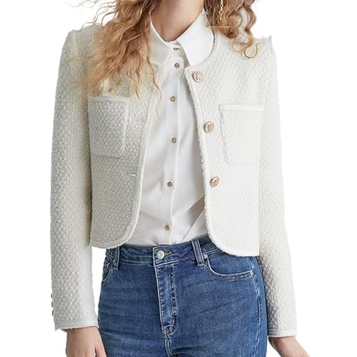 URBAN REVIVO Women's Long Sleeve Cropped Tweed Jacket with Pocket Elegant Slim Fit Work Office Business Short Tweed Blazer White