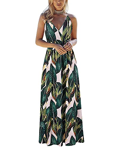 VOTEPRETTY Tropical Beach Maxi Dress Women Spring Resort Wear Long Summer Floral Pockets(Floral,L)