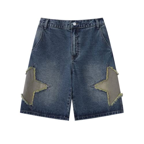 Vamtac Mens Star Patchwork Denim Shorts Mid Rise Casual Loose Summer Streetwear Unisex Jeans Shorts