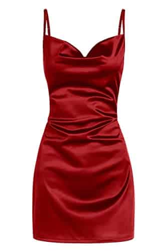 ZAFUL Womens Sexy Sleveless Spaghetti Strap Sheeny Draped Slip Cocktail Open Back Satin Silky Party Cami Mini Dress(Red, S)