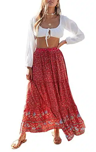 ZESICA Women's Bohemian Floral Printed Elastic Waist A Line Maxi Skirt with Pockets,Red#,Small
