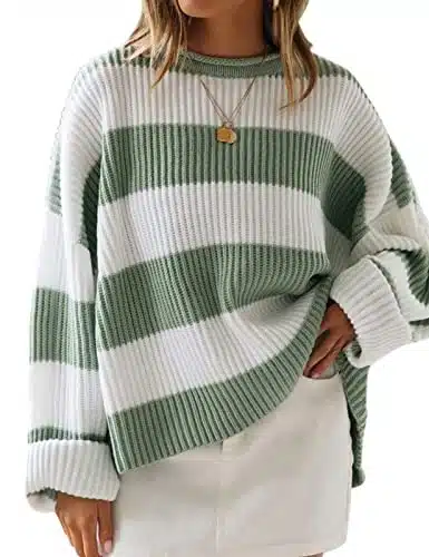 ZESICA Women's Fall Long Sleeve Crew Neck Striped Color Block Comfy Loose Oversized Knitted Pullover Sweater,Green,Medium