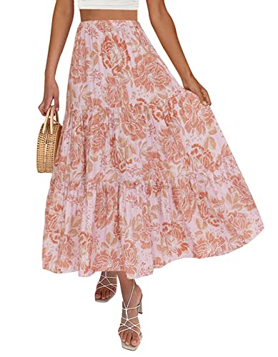 ZESICA Women's Summer Solid Color Elastic High Waist Flowy A Line Maxi Skirt with Pockets,PinkBrown,Small