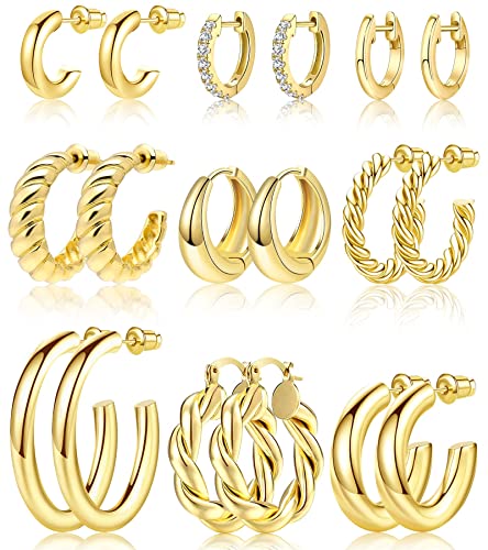 Adoyi Gold Hoop Earrings Set for Women Gold Hoops Twisted Huggie Hoops Earrings K Plated for Girls Gift Lightweight Pairs jewelry for women