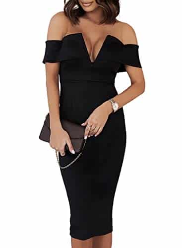Alvaq Women's Sexy V Neck Off The Shoulder Evening Bodycon Club Midi Dress, Black, Medium