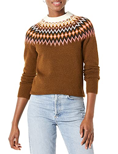 Amazon Essentials Women's Soft Touch Crewneck Novelty Sweater, Medium Brown Fair Isle, Medium