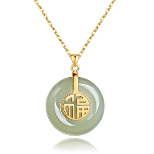 B&D Saint Patricks Day Good Fortune FU Lucky Pendant Necklace in kt Gold Filled Natural Green Jadeite Jade Donut Circle Good Luck Chinese Fu Character Pendant Necklace