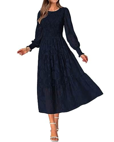 BTFBM Casual Women's Fall Dresses Elegant Wedding Guest Dress Long Sleeve Floral Midi Dress Flowy Bohemian Long Dress(Navy,Large)