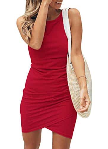 BTFBM Women Summer Sleeveless Tank Dresses Crew Neck Slim Fit Short Casual Ruched Bodycon Party Club Mini Dress(Bright Red, Small)