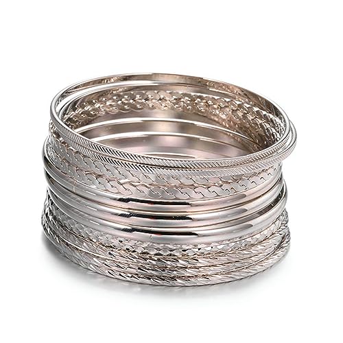 Bohemian Indian Chunky Stackable Textured Bangle Bracelet Set Multilayer Boho Cable Rhinestone Bead Bracelet for Women Teen Girl Friend Vintage African Wedding Jewelry Birthday Gift B silver