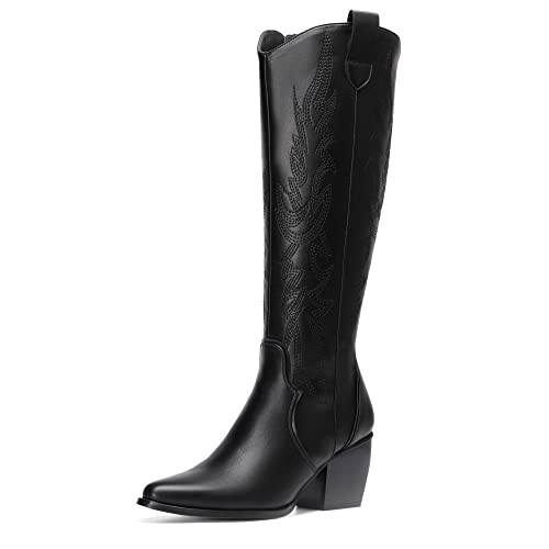 DREAM PAIRS Black Knee High Boots for Women, Pull On Zipper Chunky Heel Pointed Toe Embroidered Western Cowgirl Cowboy Boots Blackpu, Sdkbw Dallas