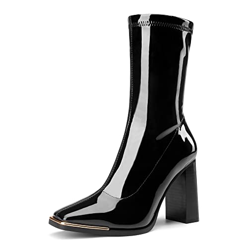 DREAM PAIRS Women's SDMB Square Toe Gogo Boots Elastic Ankle Boots High Chunky Block Heel Mid Calf Boots, Halloween Boots for Woman, BLACKPU,