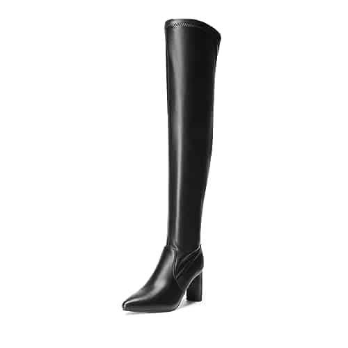 DREAM PAIRS Women's Sdobw Over The Knee Stretch Thigh High Boots Chunky High Heels Pointed Toe Long Fall Boots, Black Pu,