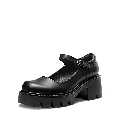 DREAM PAIRS Women's Sdpunew Mary Janes Shoes Platform Dress Low Heel Chunky Pumps Round Toe Ankle Strap Pumps Shoes Oxfords, , Black Pu