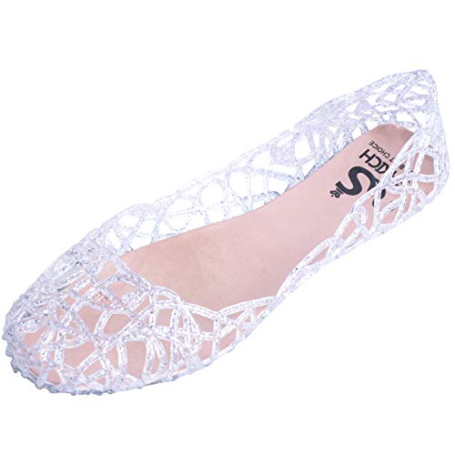 Dear Time Women Flat Heel Slip on Summer Beach Jelly Shoes Silver.