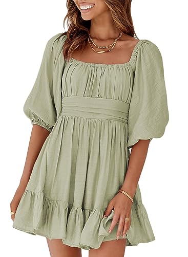 Dokotoo Women's Square Neck Off The Shoulder Dresses Tie Back Lantern Sleeve Ruffle A Line Grey Mini Casual Spring Dress Shirred Elastic Waist for Women Small