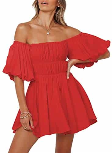 Dokotoo Womens Square Neck Summer Dresses Lantern Sleeve Ruffle A Line Red Dresses for Women Elastic Waist Casual Mini Beach Dresses Small