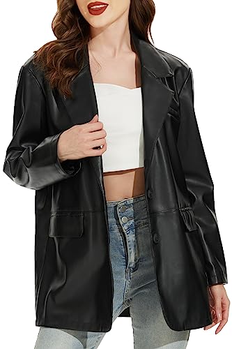 Fahsyee Women's Faux Leather Blazer   Women Motorcycle Vintage Moto Biker Coat Vegan Pleather Fashion Jackets Black L