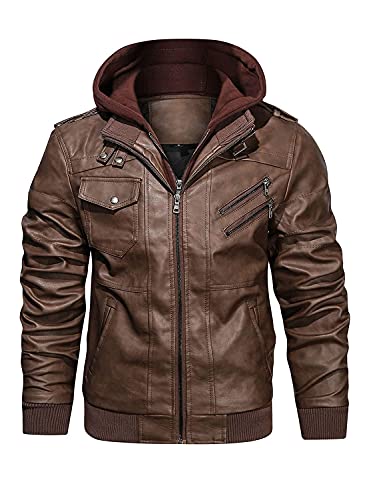 HOOD CREW Menâs Casual Stand Collar PU Faux Leather Zip Up Motorcycle Bomber Jacket With a Removable Hood